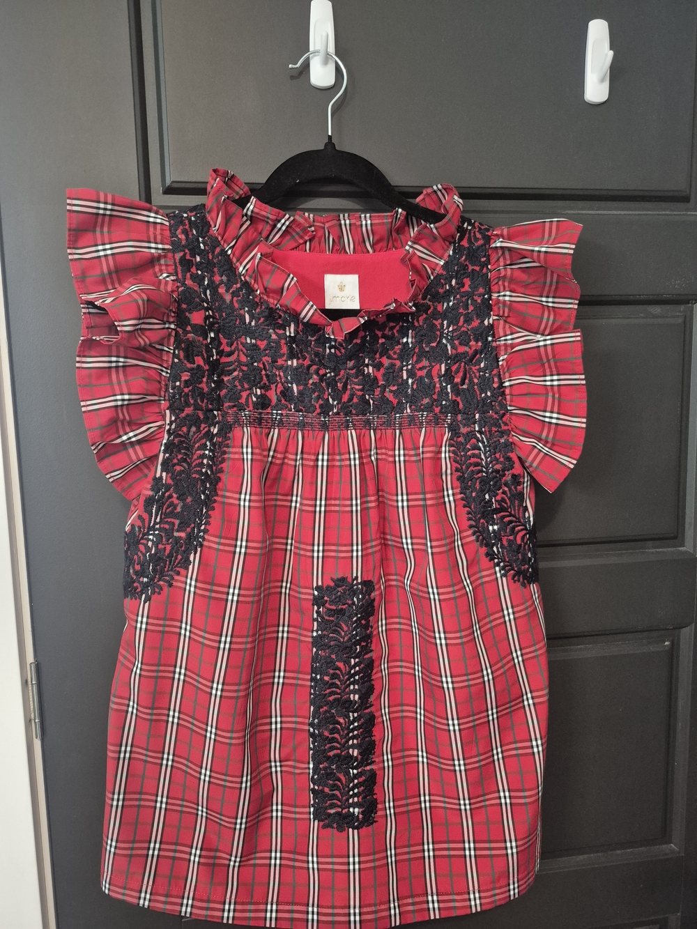 ❤️ Red Plaid Ruffled Sleeve Top with Black Lace Appliqué Heart❤️